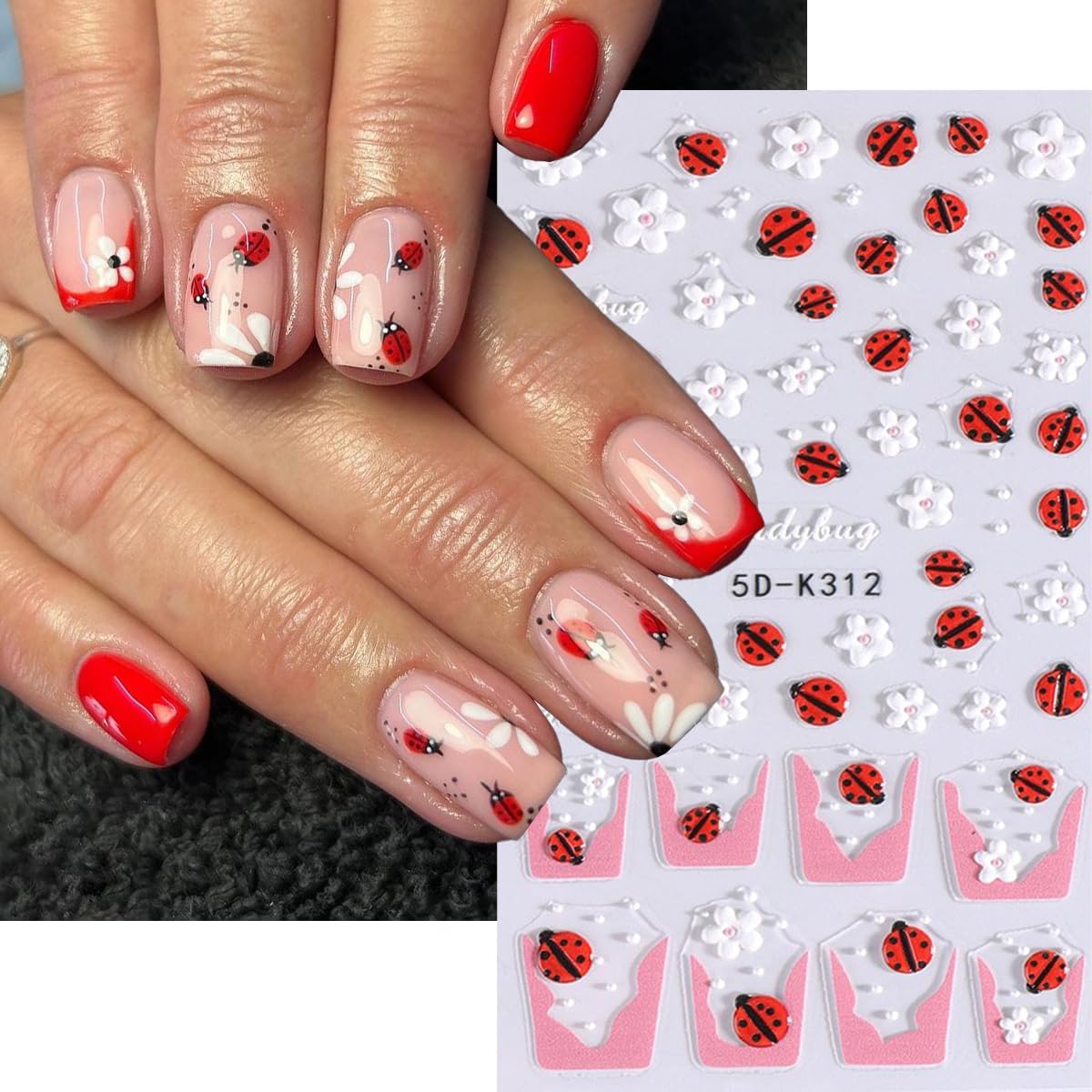 Flower Nail Sticker French Tips Nail Decals Insect Nail Art Stickers Bee Ladybug Daisy Five Petal Floral White Yellow Pink Design Cute Nails Stickers for Nails Art Summer Manicure Decor for Women