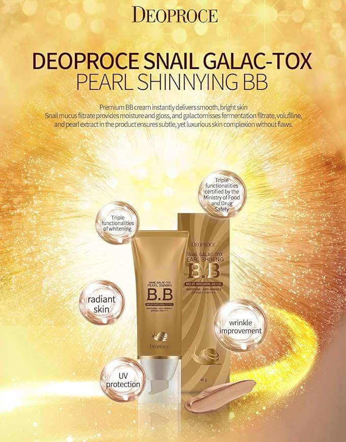 Deoproce Snail Galac Pearl Shining BB Cream SPF50+/PA+++ Skin Tone Correction, Blemish Covering, UVA/UVB Block reduction in appearance of fine lines (#23 Sand Beige)