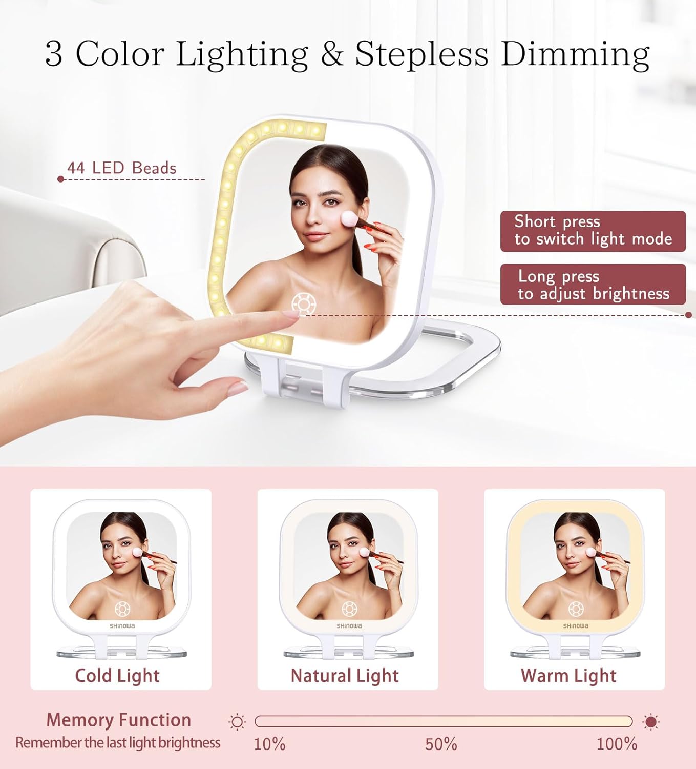 Shinowa Rechargeable Travel Makeup Mirror with 44 LED Lights, 1X/10X Magnifying Vanity Mirror with 3 Color Light, Folding Stand, 4 Inch Portable Dimmable Double Sided Compact Lighted Mirror, White