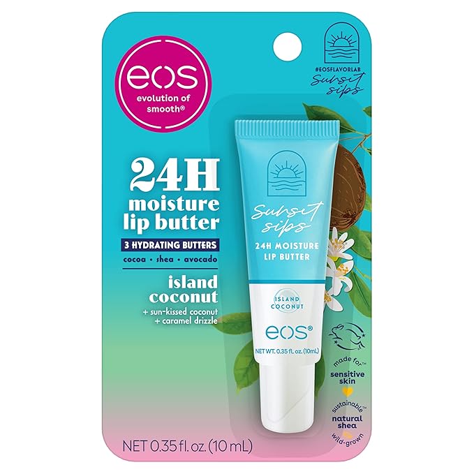 eos Sunset Sips Lip Butter Tube- Island Coconut, 24-Hour Moisture, Overnight Lip Mask, Lip Care Products, 0.35 fl oz