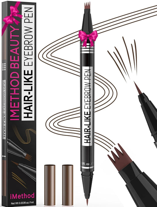 iMethod Microblading Eyebrow Pen - Eyebrow Pencil Magical 2-in-1 Dual-Ended Eye Brow Pencils for Women with 4-Fork-Tip & Precise Brush-Tip Create Natural Hair-Like Brows, Last All-Day, Dark Brown