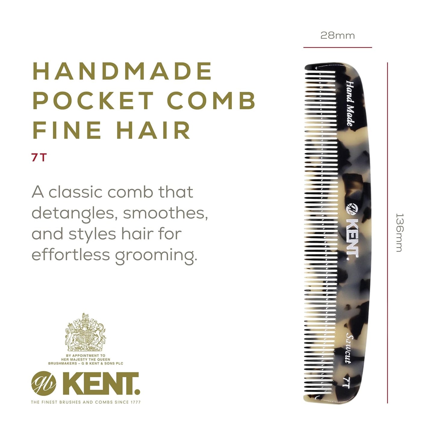 Kent 7T TW All Fine Tooth Pocket Comb for Men - Handmade Hair Comb for Men Grooming and Styling - Travel Comb for Hair Care, Mustache and Beard Care, Use Dry or with Balms, Saw Cut for Wet or Dry.