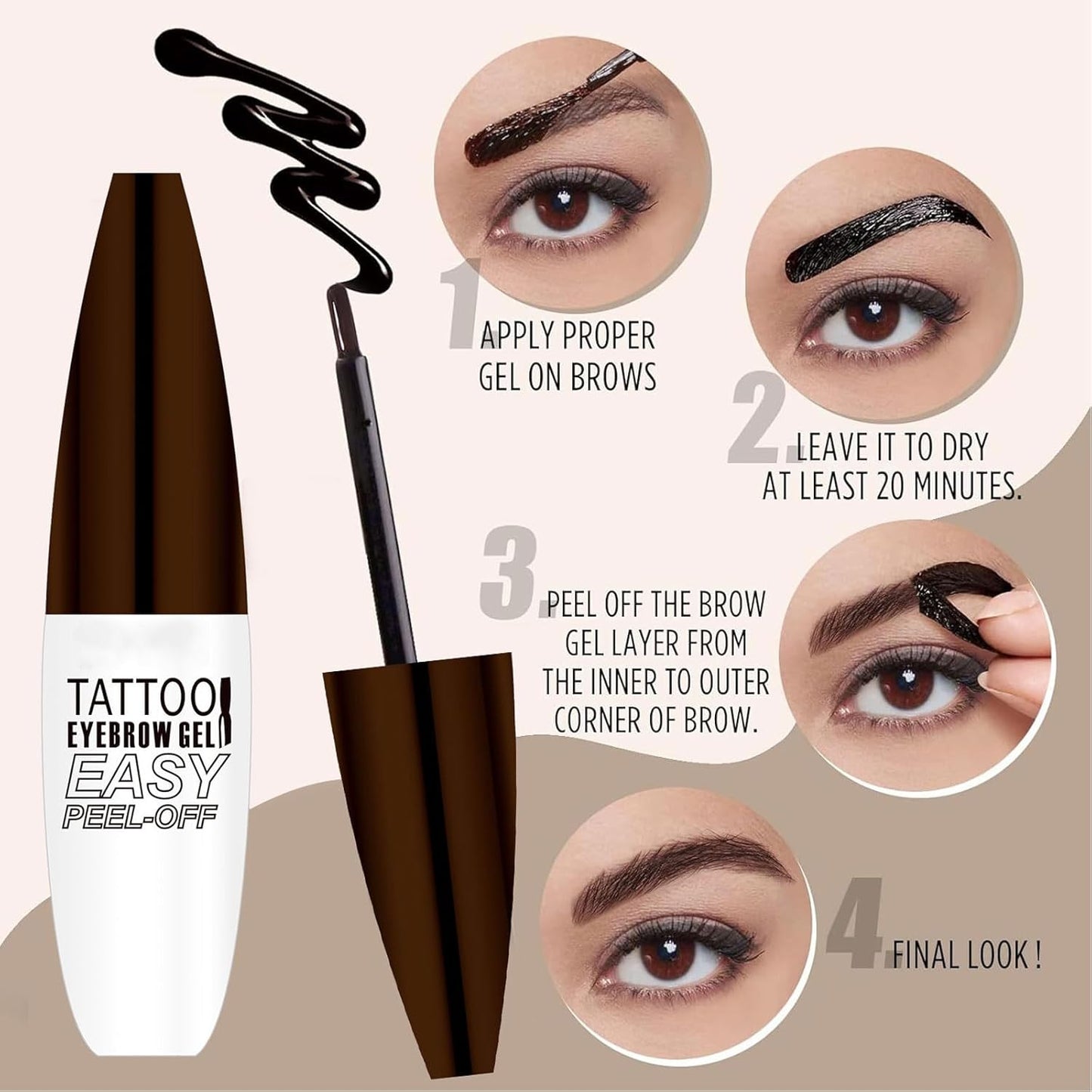 Tattoo Peel Off Eyebrow Gel Tint, Long Lasting Brow Tint, Transfer Proof and Waterproof Tint Peel Off Brow Gel, Last Up to 3 Days, For Fuller & Defined Brows Makeup, Gray Brown