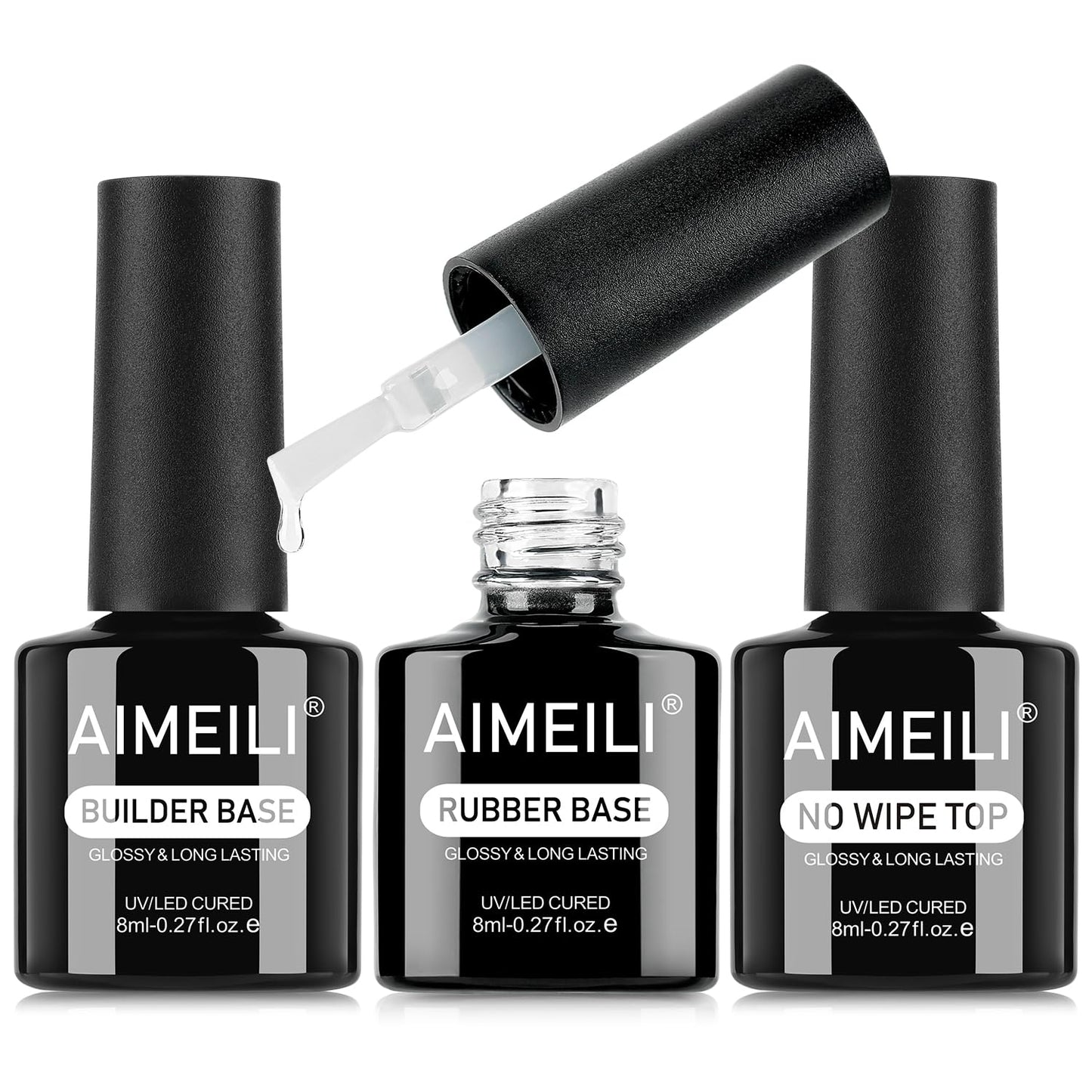 AIMEILI Builder Nail Gel Rubber Base Top Coat Kit 3pcs, Hema Free, Cruelty Free, Vegan, Clear High Gloss Gel Nail Polish Long Lasting Nail Art
