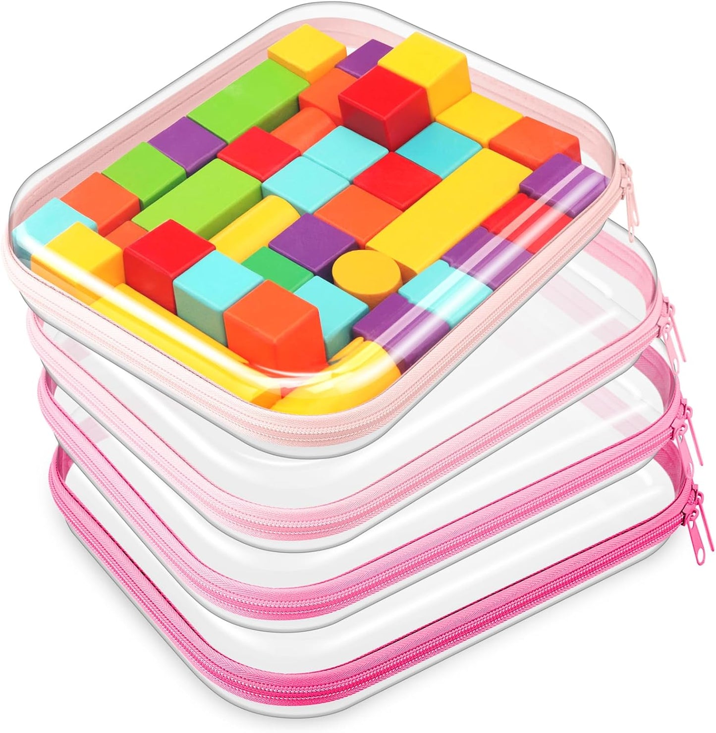 Hoolerry 4 Pcs Hard Clear Zipper Case Makeup Bags Plastic Pencil Pouch Transparent Storage Box Containers for Cosmetics, Snacks, Building Blocks, Puzzles(Pink,9.8 x 7.9 x 2 in)