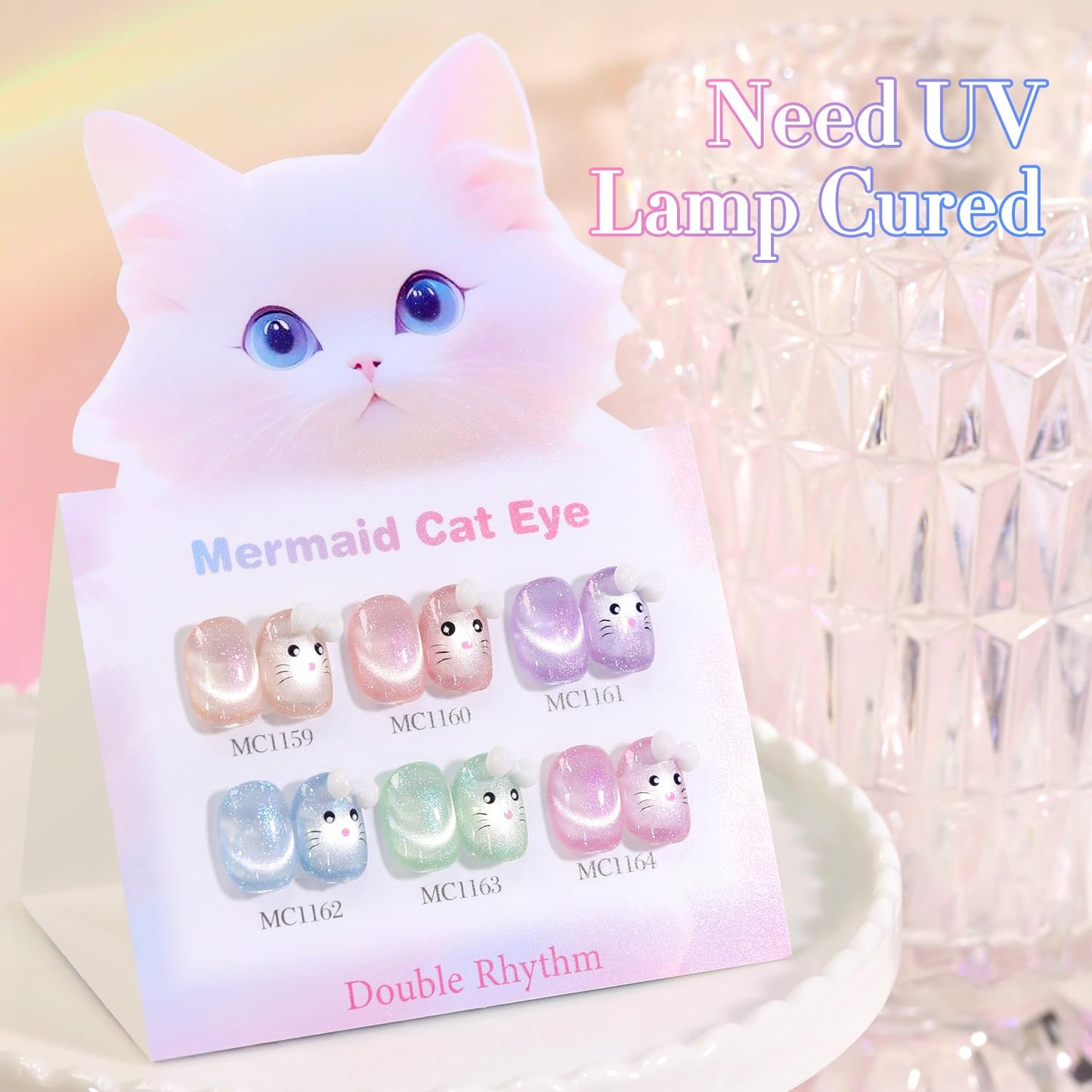 Double Rhythm Cat Eye Gel Nail Polish Set of 6 Same Color Same Bottle 0.5 Oz Shimmer Glitter with Magnet Holographic Reflective Magnetic UV Nail Polish Kit at Home (Nude Pink Green Purple-T6-29)