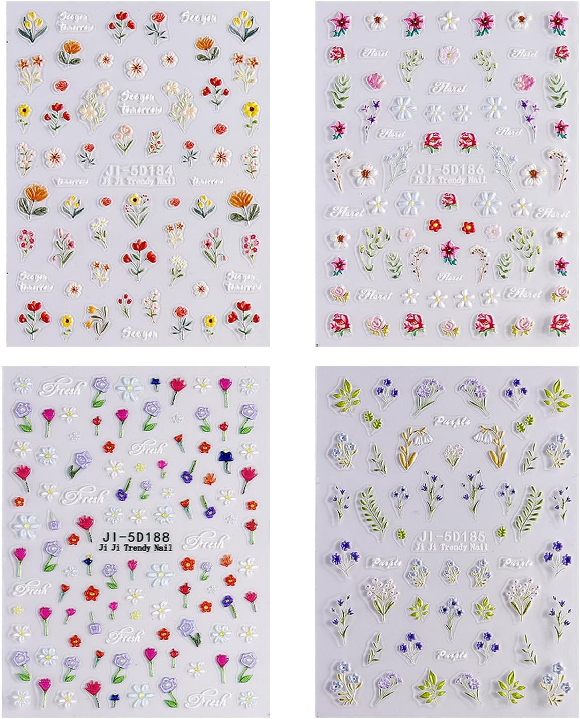 Flower Nail Stickers for Nail Art Flowers Nail Art Stickers Summer Floral Bouquet 5D Embossed Nail Decals Self-Adhesive Nails Supply Manicure Sliders Flower for Nails Decoration 4 Sheets