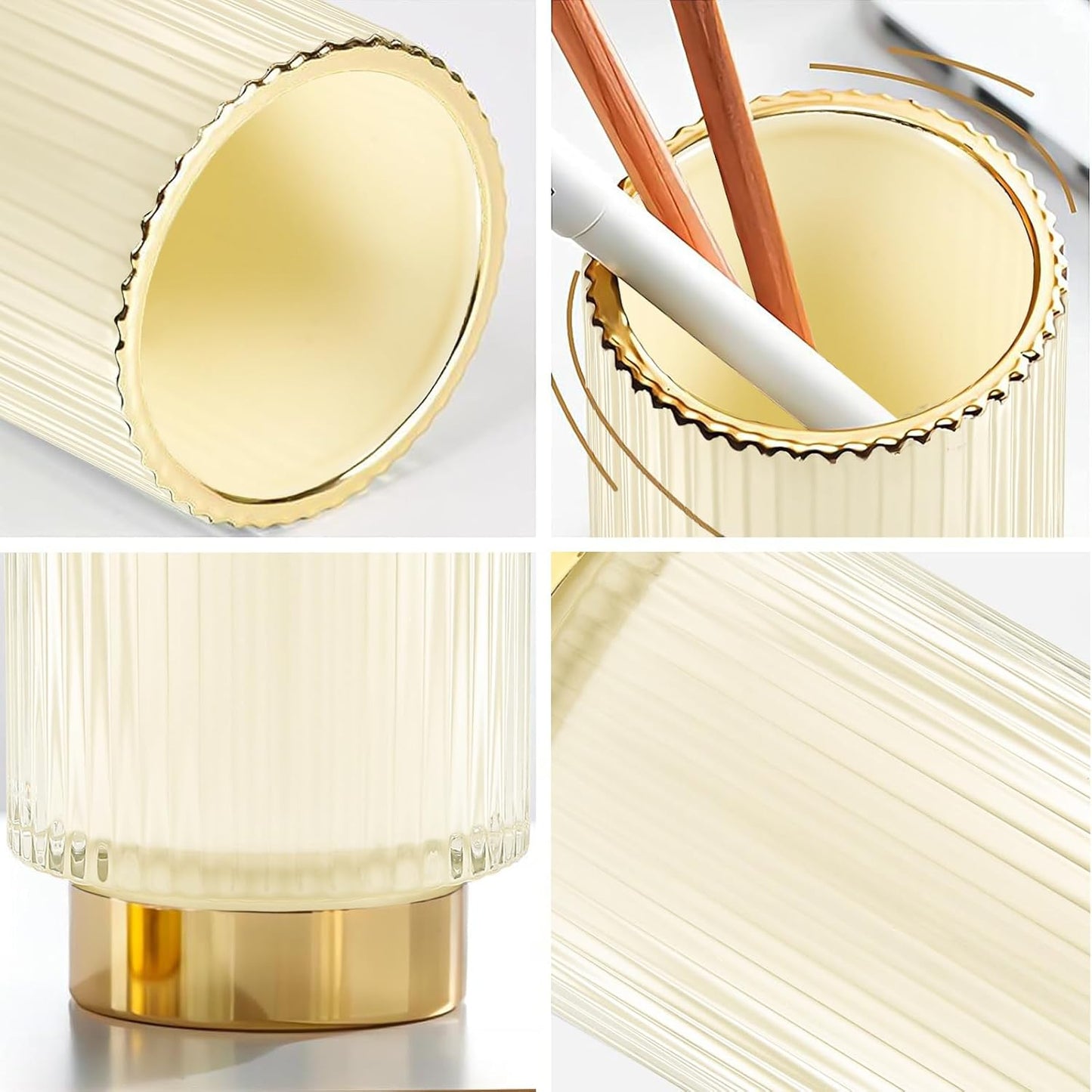 DASITON Makeup Brush holder Organizer,Crystal Cosmetic Makeup Brush Glass Brushes Storage Holder, Vintage Make Up Brush Cup Pen Pencil Holder striped vase(Cream S)