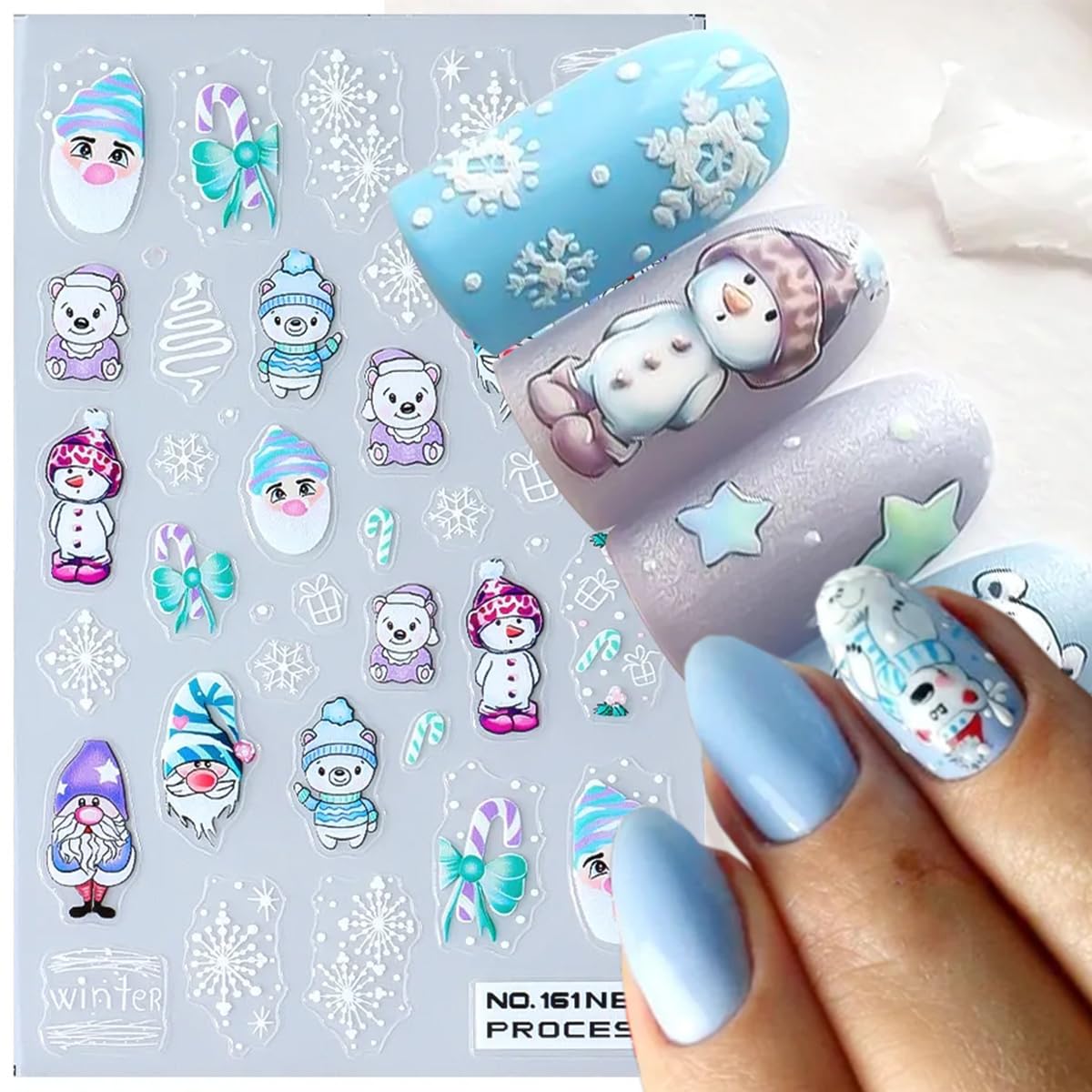 6Sheets Christmas Nail Art Stickers Self-Adhesive Winter Nail Supplies 3D Snowflake Nail Stickers for Nail Art Design Charms Cute Snowman Santa Claus Nail Decals for Women Xmas New Year Manicure Decor