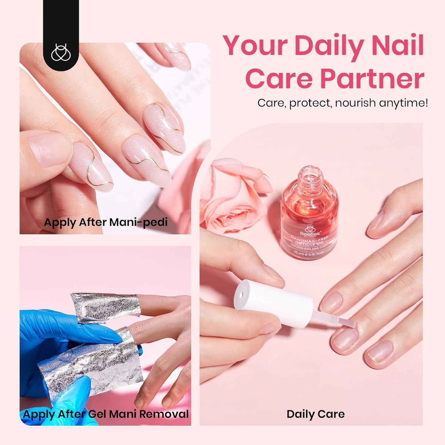 Beetles Cuticle Oil for Nail & Cuticle Care, 15ml Natural Rose Smell Oil with Vitamin E Nourish Condition Dry Stronger Nails SPA & Hand Manicure DIY Salon Needs Gifts for Her Women