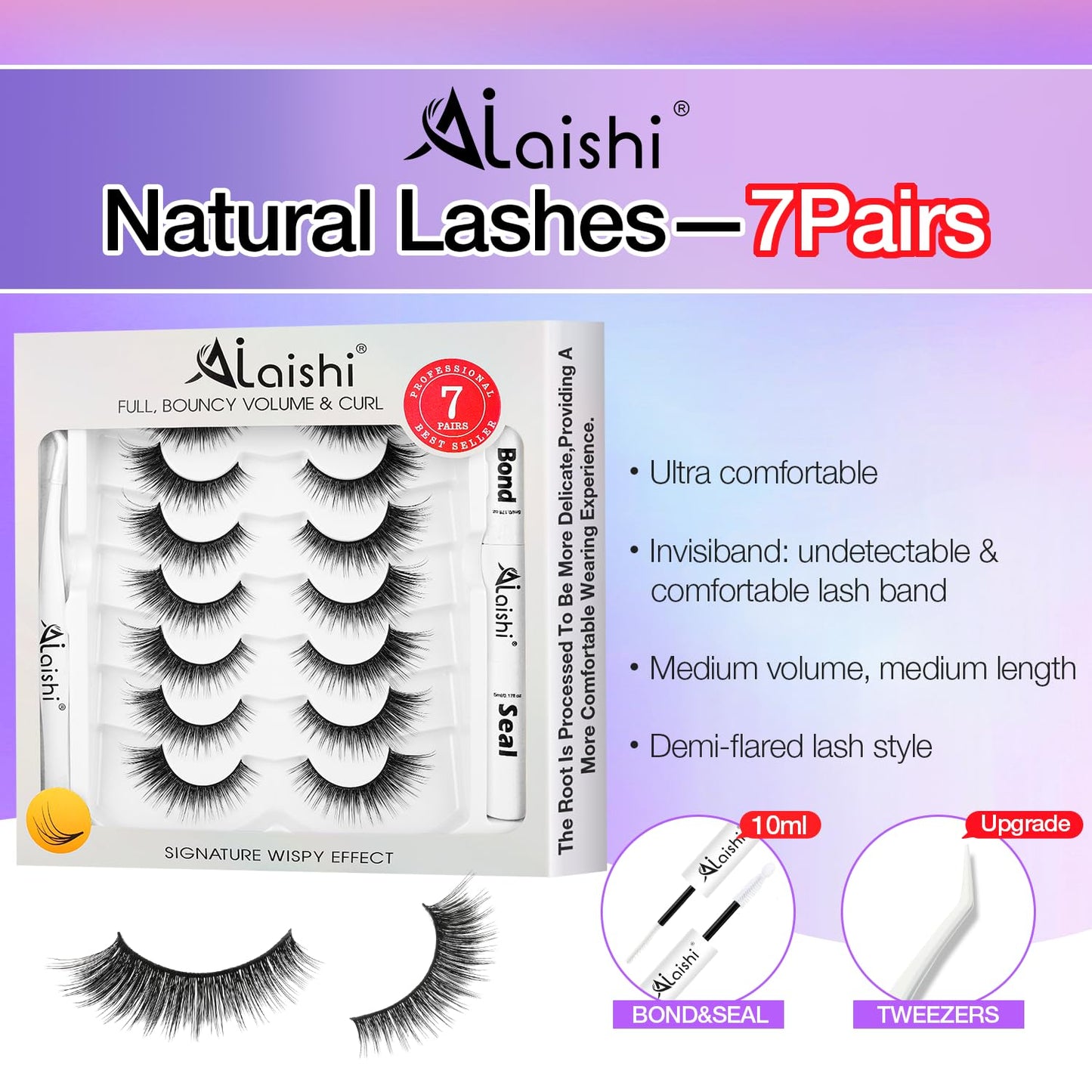 Wispy False Eyelashes Kit With Bond, Seal and Tweezer, 7 Pairs Natural Look Fake Cat Eye Lashes Strips Thin Band Extensions Waterproof Easy Eyelashes for Beginners RQ10