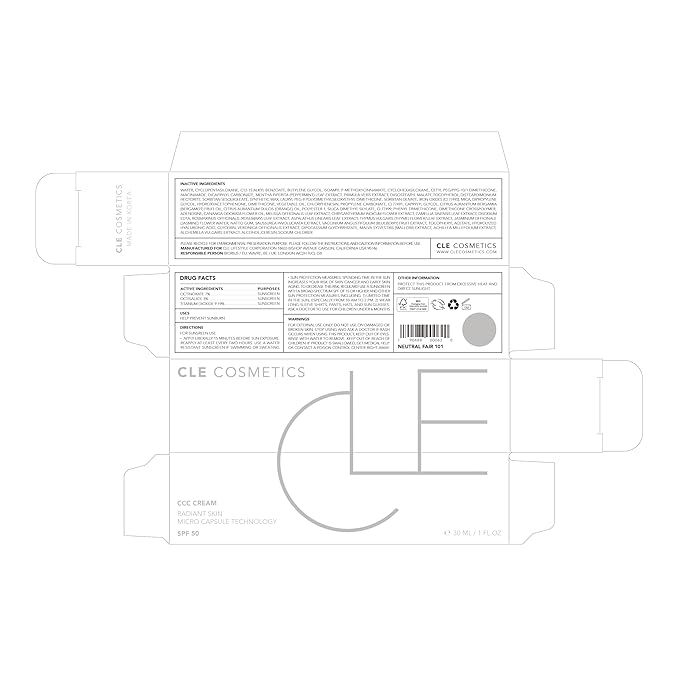 CLE Cosmetics CCC Cream (Neutral Fair 101 / SPF 50) - Color Correcting CC Cream with Sunscreen - Lightweight, Hydrating, Light to Medium Coverage Foundation - BB & CC Cream Hybrid - 1 fl oz