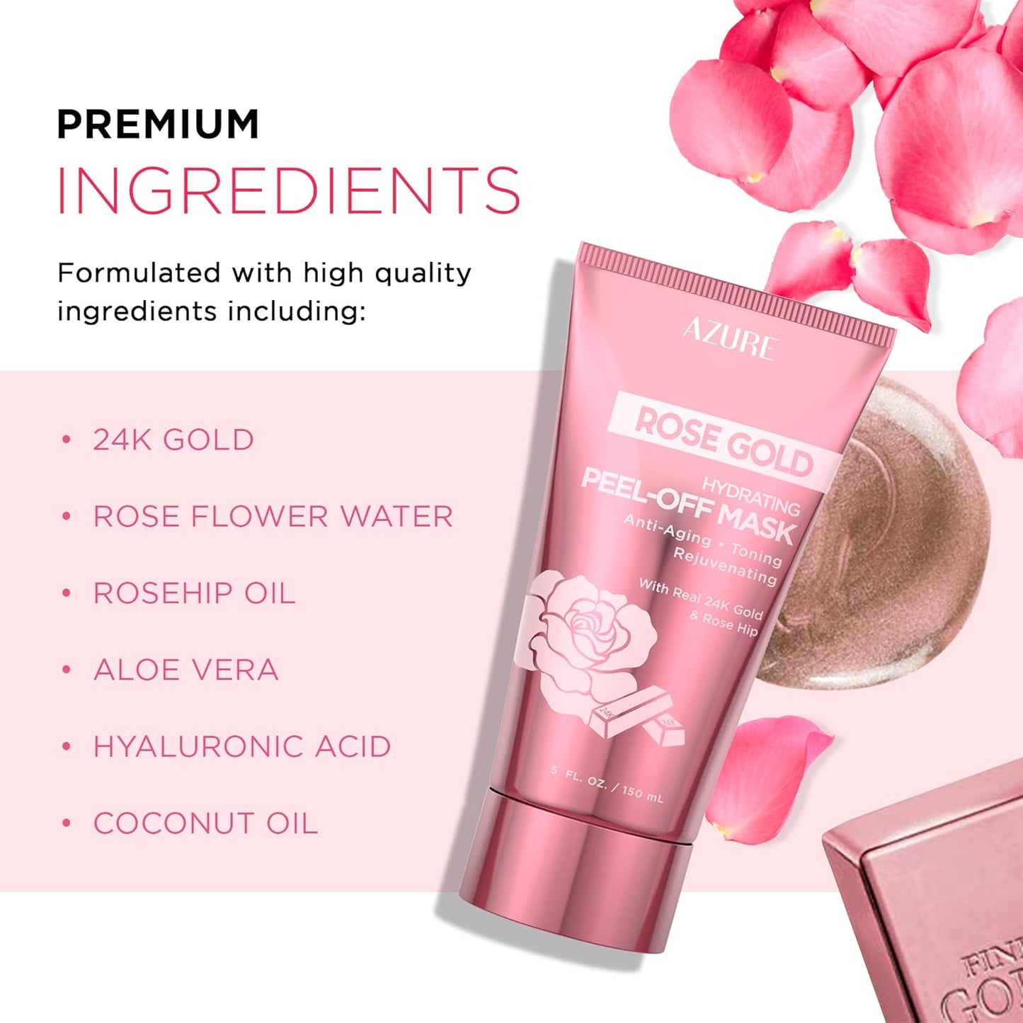 Azure Cosmetics Rose Gold Hydrating Peel Off Face Mask- Anti Aging, Toning & Rejuvenating - Removes Blackheads, Dirt & Oils - With Gold and Rose Water - Skin Care - 150mL / 5 fl.oz.