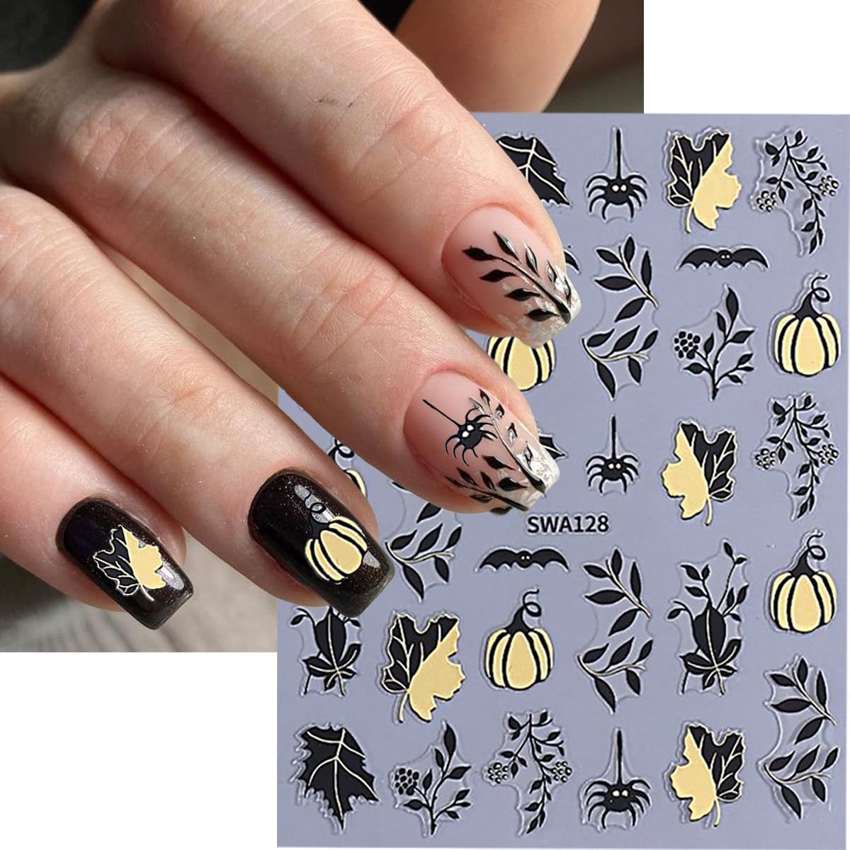 Halloween Nail Stickers Pumpkin Nail Sticker for Nails Art Spider Web Nail Decals Leaf Ghost Bat Heart Gold Hollow Design Cute Autumn Nails Stickers Decoration Manicure Supplies for Women