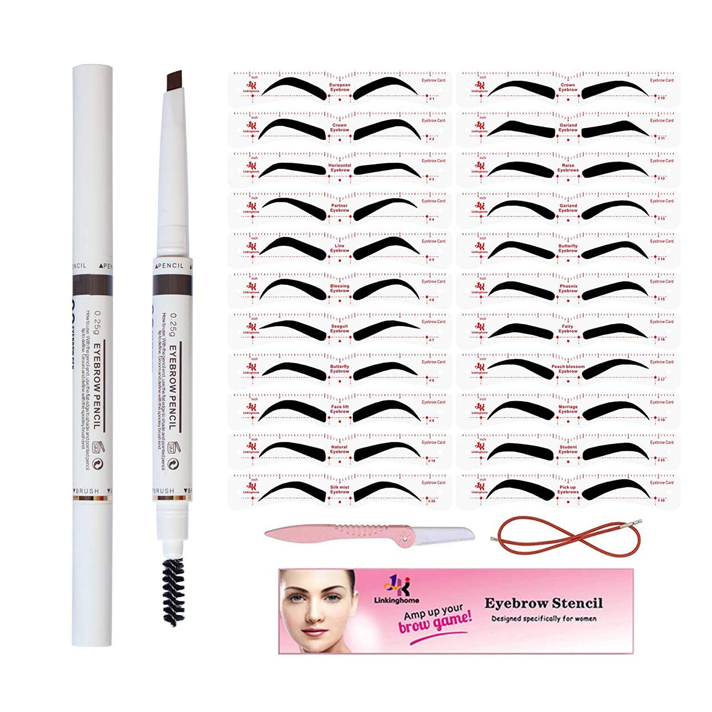 Eyebrow Stencils & Eyebrow Pencil, 30 Eyebrow Shaper Kit, Reusable Eyebrow Template With Strap & Eyebrow Razor, Waterproof Eyebrow Pen, 3 Minutes Makeup, Suitable for 98%