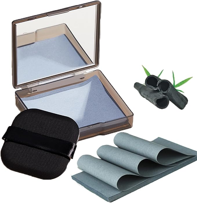Natural Bamboo Charcoal Facial Oil Blotting Paper,100pcs Oil Blotting Sheets with Portable Mirror & Makeup Puff for Oily Face Skin,Oil Control Film Easy Take Out Handy Friendly Oil Absorbing Tissues
