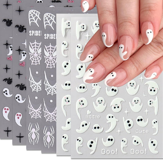 Halloween Nail Stickers 6 Sheets Glow in The Dark Nail Decals Stickers for Nails with Designs Ghost Bat Heart Spider Web Stickers DIY Nail Art Decoration for Women Girls