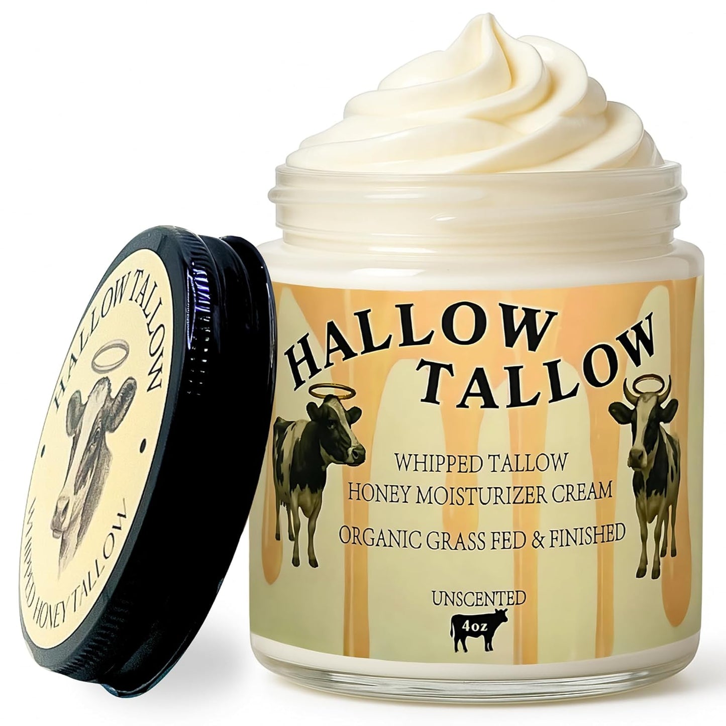 Hallow Tallow Whipped Beef Tallow Moisturizer – 100% Grass-Fed & Finished Tallow Balm with Manuka Honey, Jojoba & Olive Oil, Calendula Extract – Natural Hydrating Face & Body Cream, 4oz