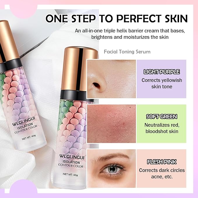 One Step Color Corrector,Tri-Color Color Correcting Facial Serum,Moisturizing Color Changing Foundation,Oil Control Tinted Moisturizer Isolation Cream for Face Makeup Primer Base