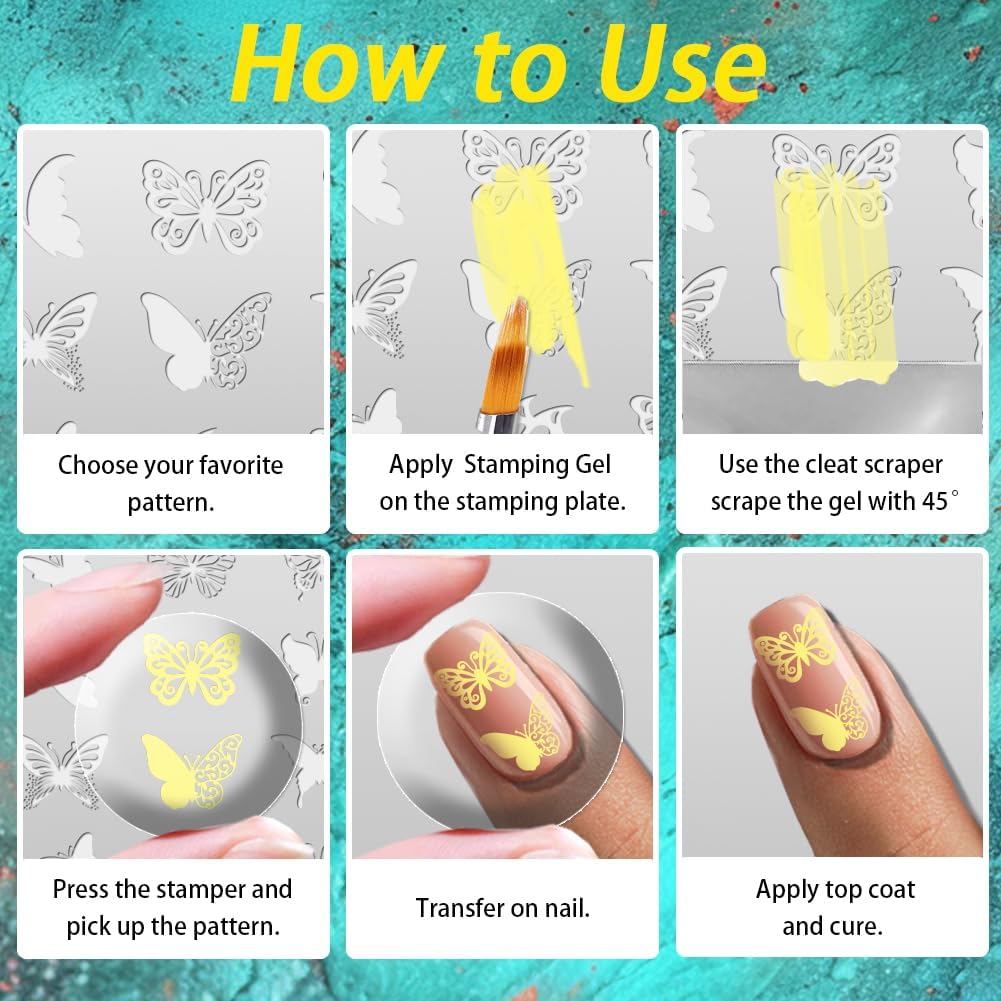 3Pcs Nail Stamping Plate Set Cat Butterfly Nail Stamping Templates French Line Tip Nail Plates Flames Leaves Stainless Steel DIY Reusable Tools with Stamper Scraper for Manicure Printing