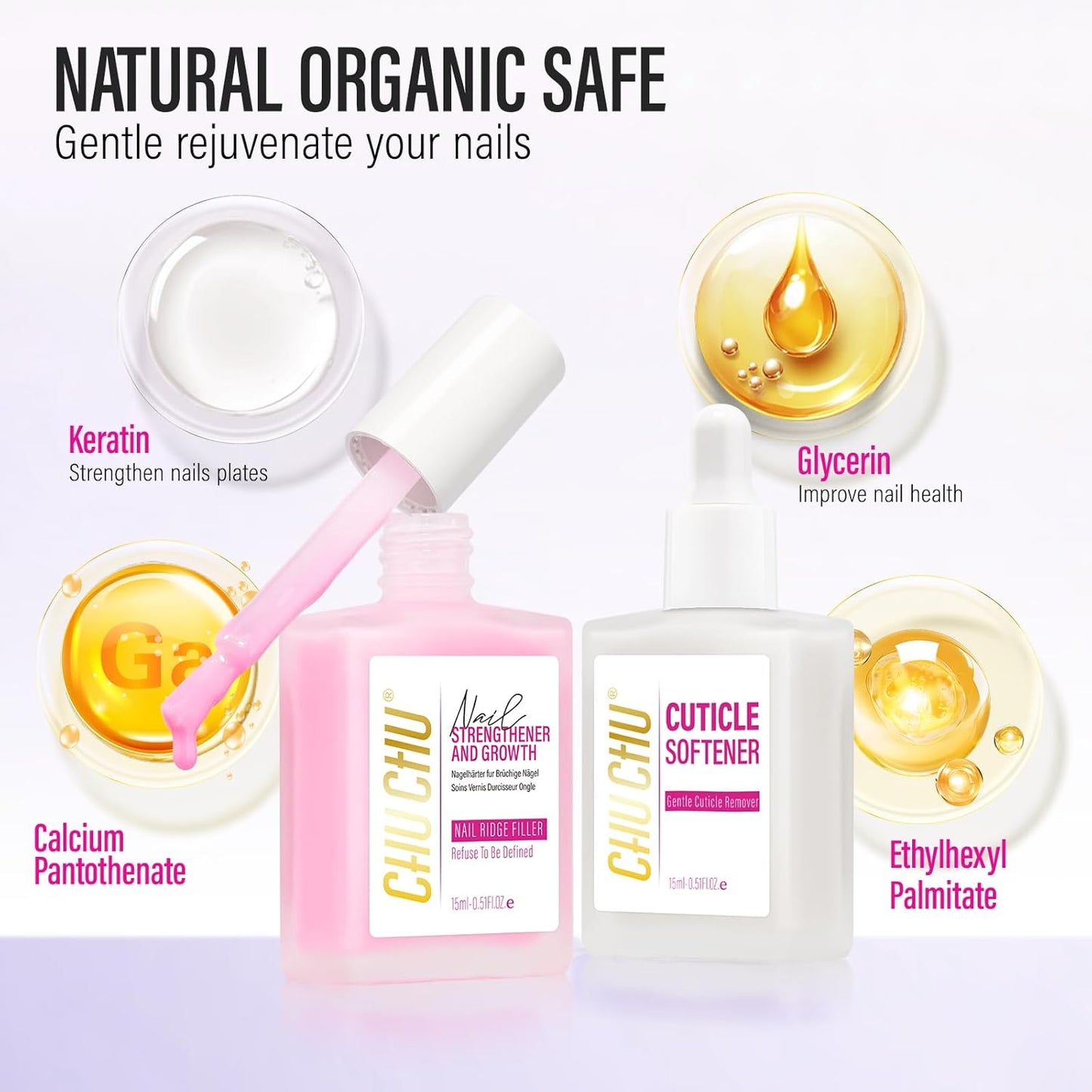 CHUCHU Nail Strengthener and Repair Kit: Pink Hardener and Growth & Cuticle Softener Set - Protein Ridge Filler Polish Quick Dry for Weak Peeling Brittle Splitting Nails - for Women Home Salon