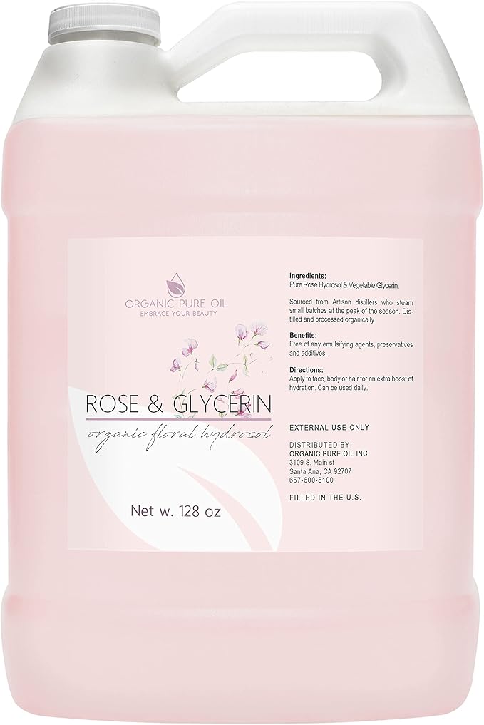 Rosewater Glycerin Mist Toner Bulk Spray Facial Body Floral Cleanser Pure Rose Hydrosol and Vegetable Glycerine Moisturizing Cleansing Toning Mix for Face Skin Hair Body (128 Ounces / 1 Gallon)