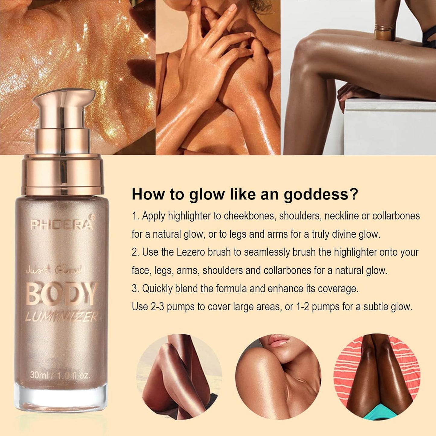 Body Shimmer Oil, Waterproof Long Lasting Moisturizing Bronze Body Luminizer Glow For Face & Body, Liquid Illuminator Body Highlighter 1oz/Jars, Makeup Brush Include (Rose Gold #01)
