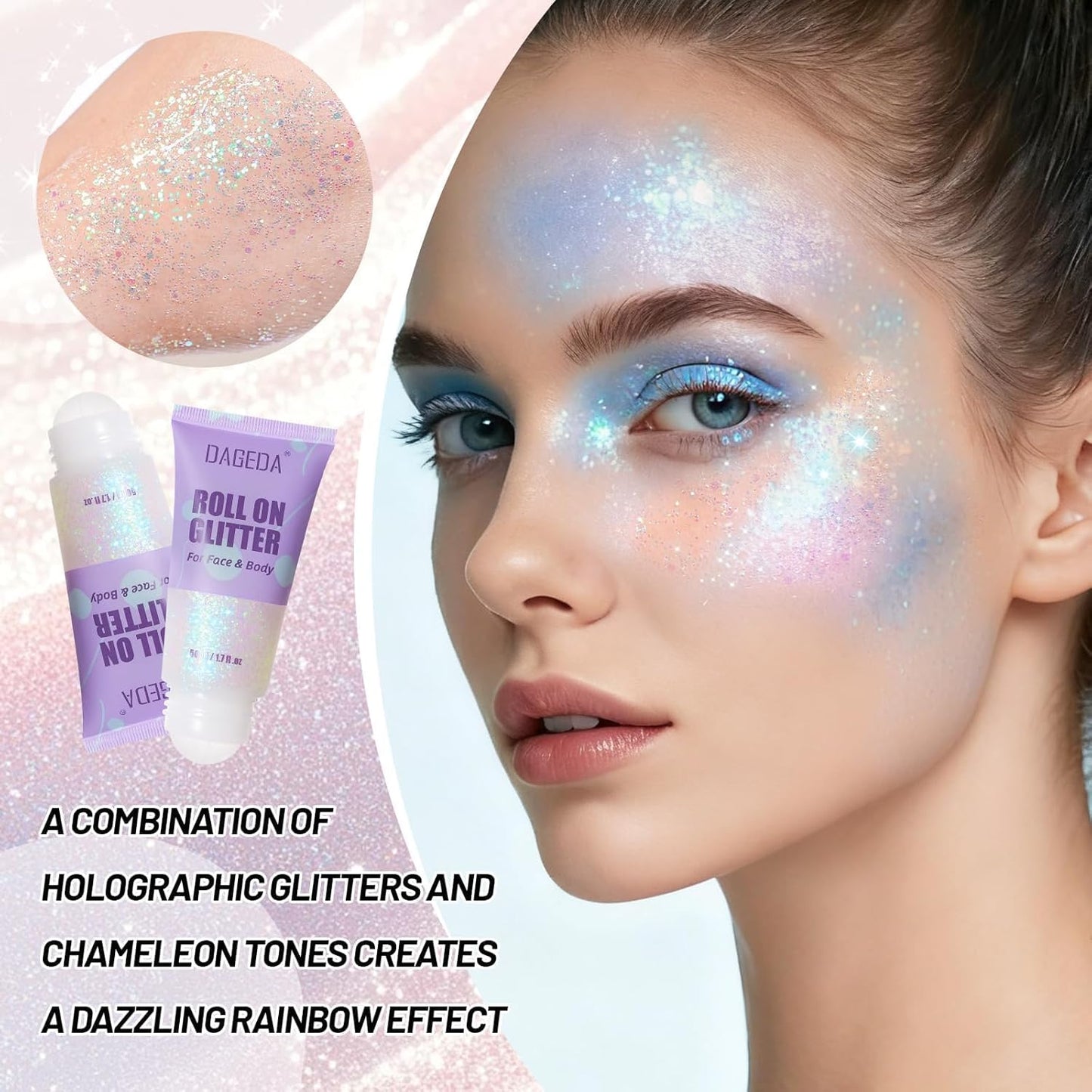 DAGEDA Roll-on Body Glitter,Holographic Eye Face Hair Glitter Gel for Festival Outfit Mermaid Accessories,Chameleon Color Body Shimmer Makeup Rave Outfits Accessories for Women 50ml (Galaxy Blue)