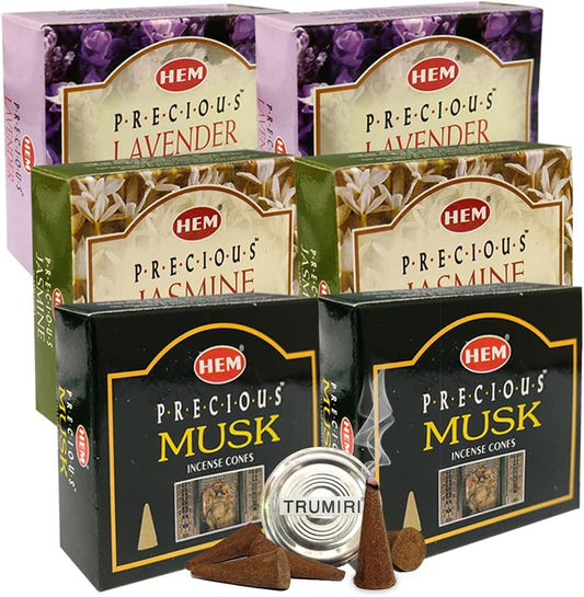 Lavender Jasmine Musk Incense Cones & Holder Bundle Variety Pack From Hem Trumiri Insense Insence