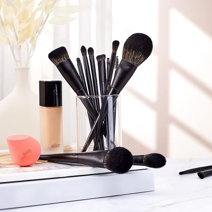 Makeup Brushes Set Jessup Make up Brushes 14Pcs Black Kabuki Foundation Eyeshadow Contour Concealer Powder Eyeliner Crease Eyebrow Blending Brush, T336