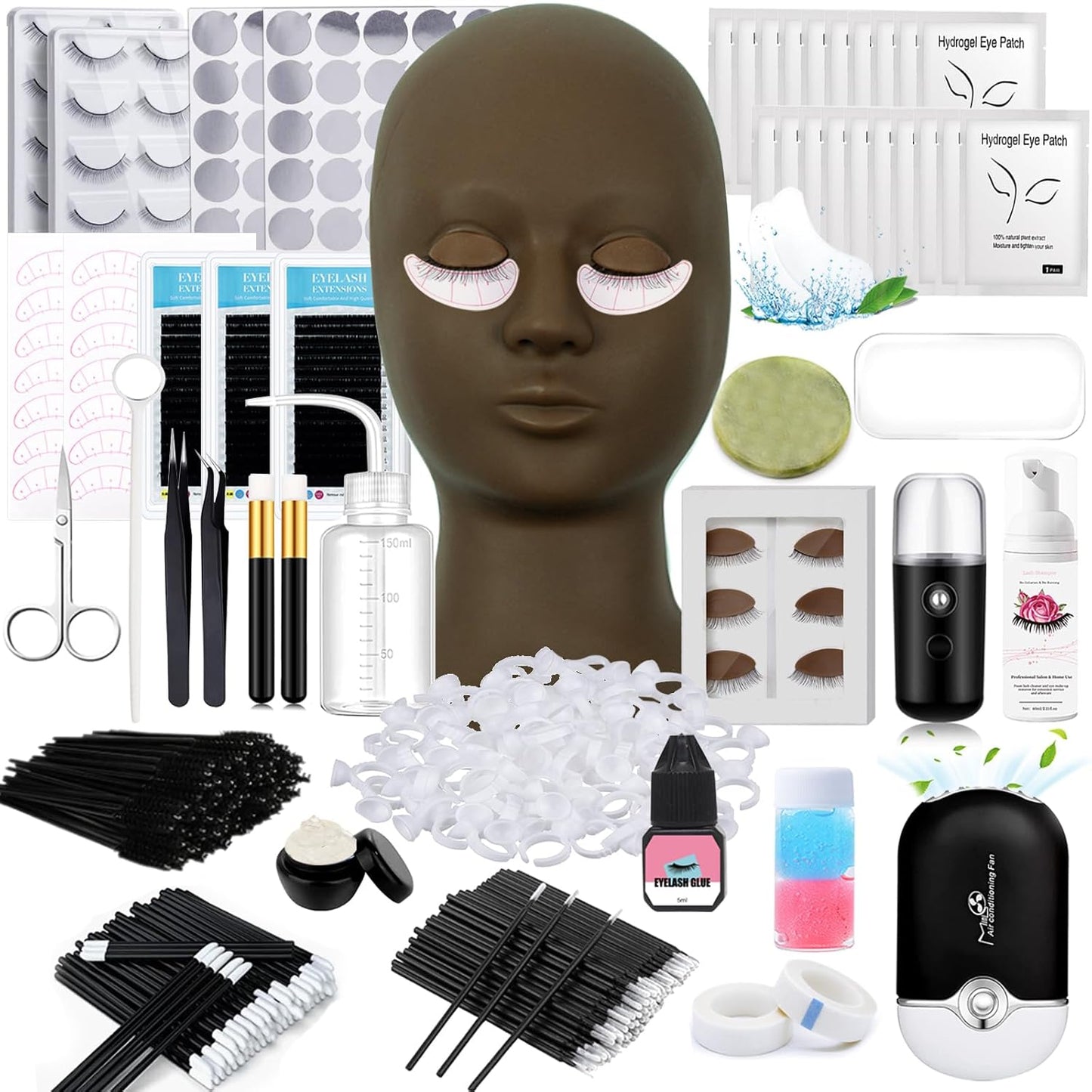 Lash Extension Kit Eyelash Practice for Beginners Professional Set with Mannequin Head Removable Eyelids USB Fan Spraye Individual False Lash Eyelash Strips Shampoo Brush Supplies