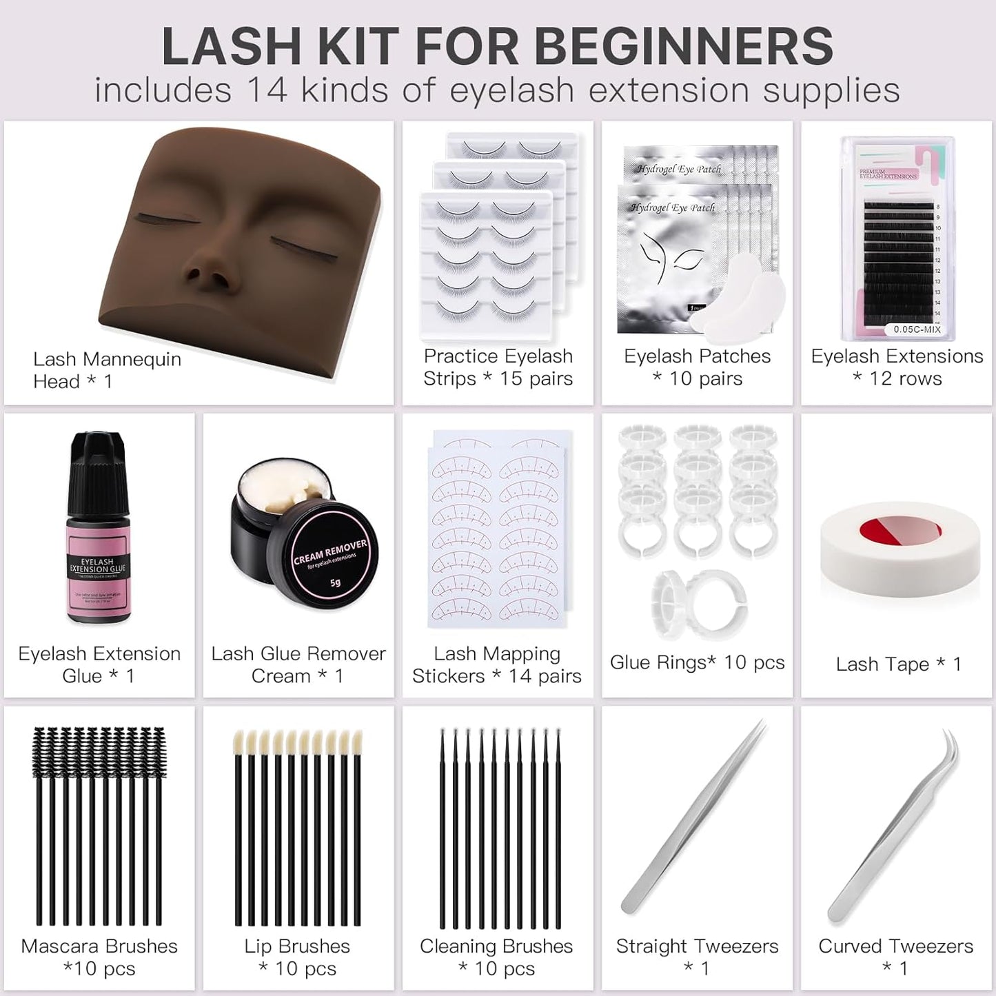 Lash Kit for Beginners, Eyelash Extension Kit with Eye Lash Mannequin Head, Eyelash Extension Glue, Remover Cream, Tweezers for Practice Training