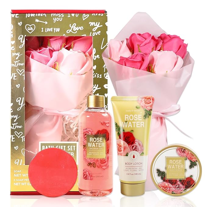 Body & Earth Spa Baskets for Women - 5 Piece Rose Scented Bath Sets with Shower Gel, Body Scrub, Body Lotion, Hand Soap, Mothers Day Gifts for Mom