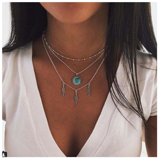 Boho Layered Feather Choker Necklace Turquoise Pendant Necklace Chain Vintage Crystal Paved Sun Necklace Silver Sunflower Necklace Jewelry for Women and Girls