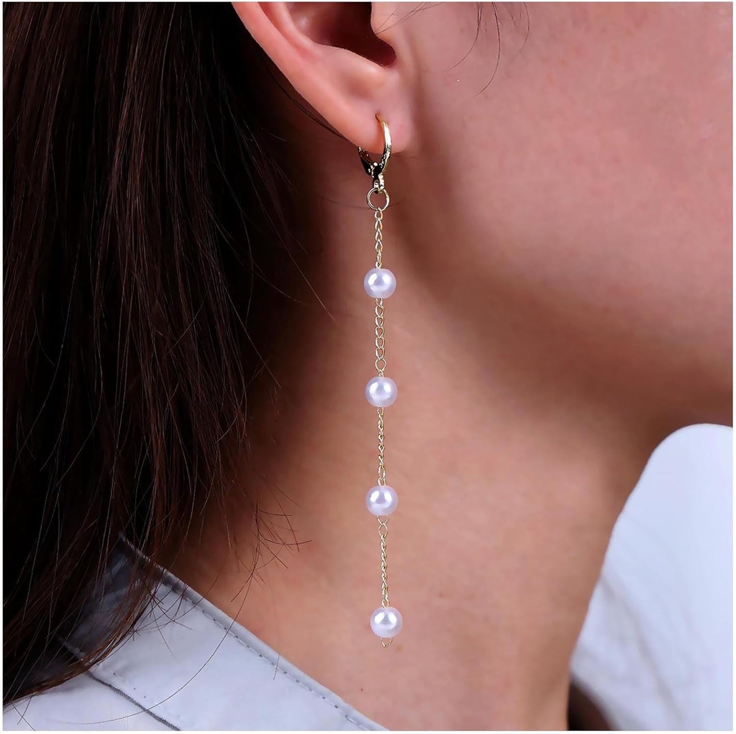 Boho Pearl Dangle Earrings Long Pearl Chain Earrings Gold Pearl Tassel Earrings Vintage Pearl Hoop Huggie Earrings Jewelry for Women