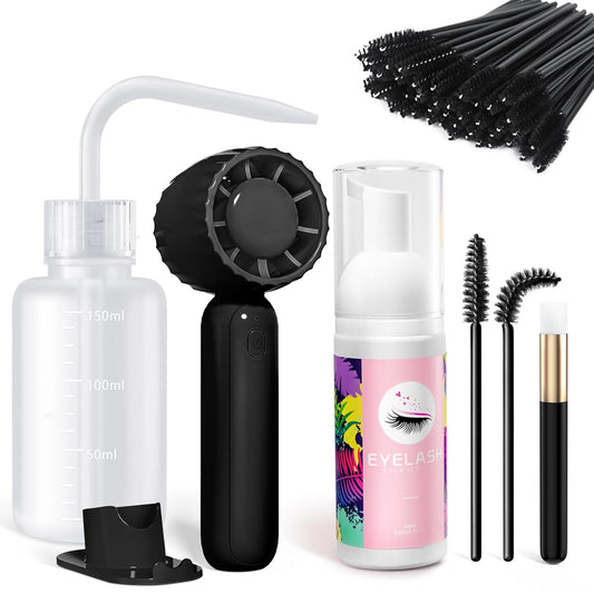 Buqikma Lash Shampoo Kit - Eyelash Extension Cleanser for Extensions 60ML with Rechargeable Handheld Lash Fan Dryer Mascara Brush Rinse Bottle Makeup Cleansing Foam for Lash Care