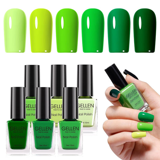 GELLEN Green Regular Nail Polish Non Gel, Fast Air Drying Full Size Green Nail Polish No UV Light Needed Spring Summer Dark Light Grass Forest Jungle 6 Colors Set for Women Manicure St. Patrick's Day