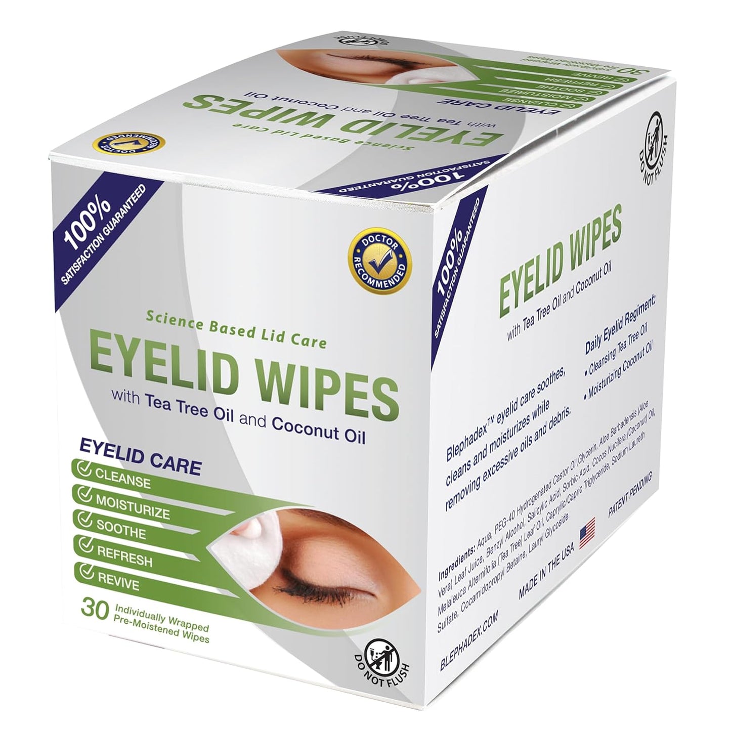 Lunovus Premium Eyelid Wipes With Tea Tree and Coconut Oil - Cleansing Wipes for People Itchy Eyes - Individually Wrapped - Box Of 30 Natural Eye Wipes