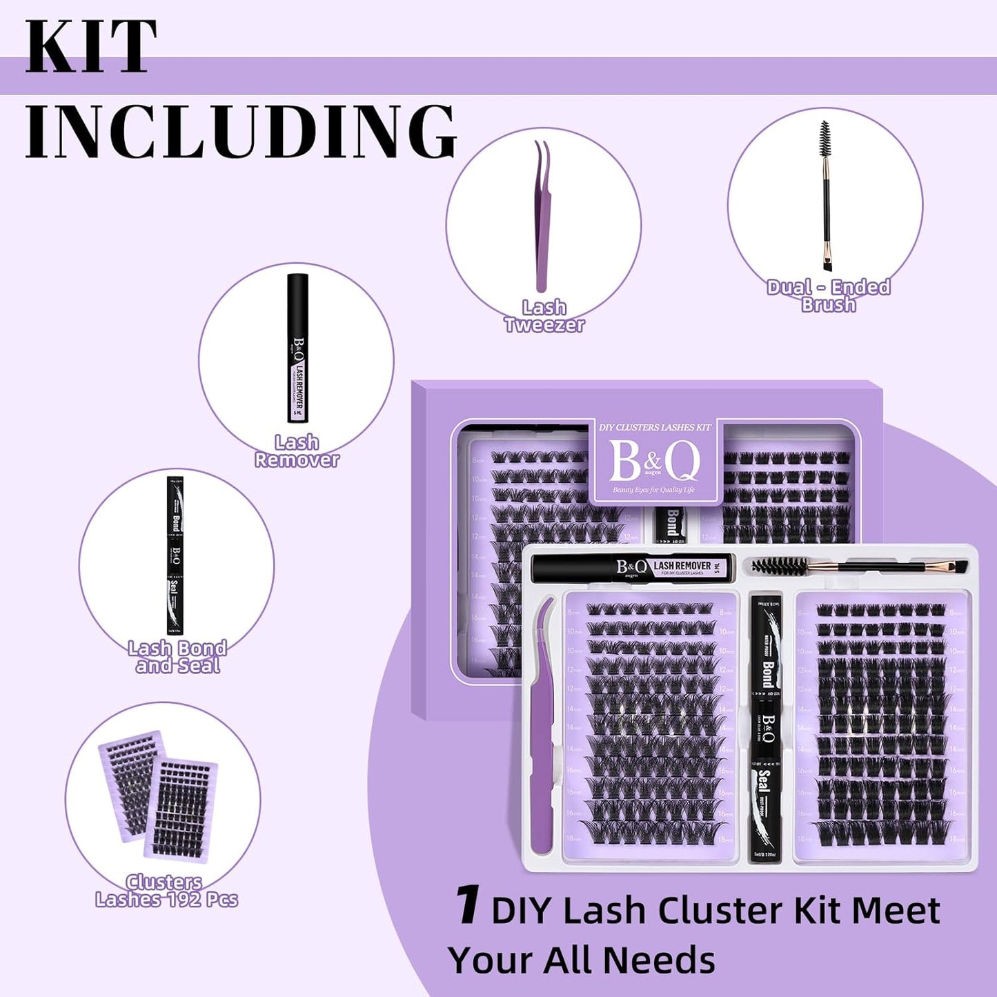 B&Q Lash Extension Kit 192 pcs Eyelash Extension Kit B02+B07 8-18mm Mixed Lash Clusters Kit Individual Lashes Kit Wispy with Lash Glue and Remover Applications Eyelash Kit (B02+B07, Kit)