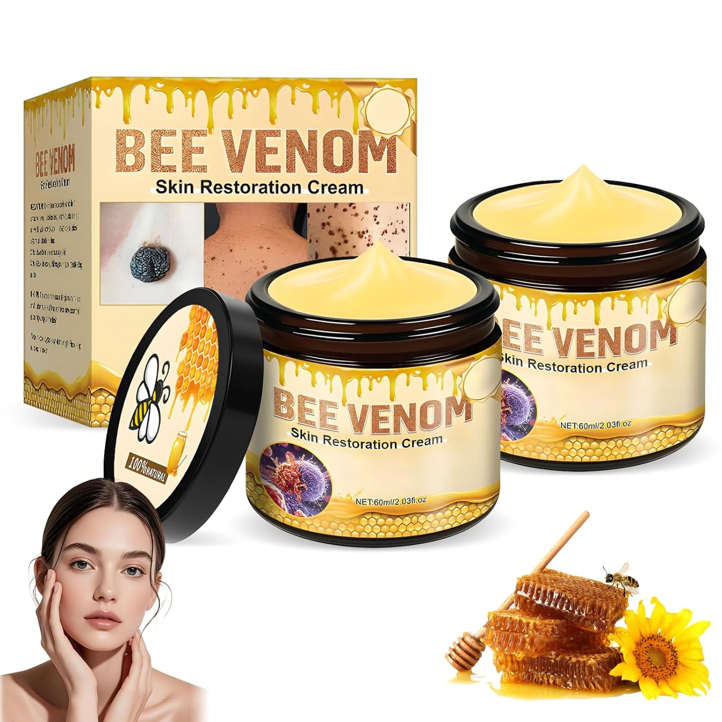 Bee Venom Skin Restoration Cream,Professional Bee Venom Skin Treatment Cream,Bee venom Comprehensive cream,Effectively Firms skin and Anti-Wrinkle Moisturizing (2Pcs)