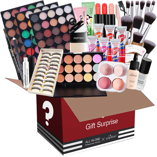All in One Makeup Set Holiday Box, Essential Starter Bundle Include Eyeshadow Concealer Lipstick Lip Gloss Eyeliner Eyebrow Pencil Lip Balm Face Powder, Full Makeup Kit for Women Girls