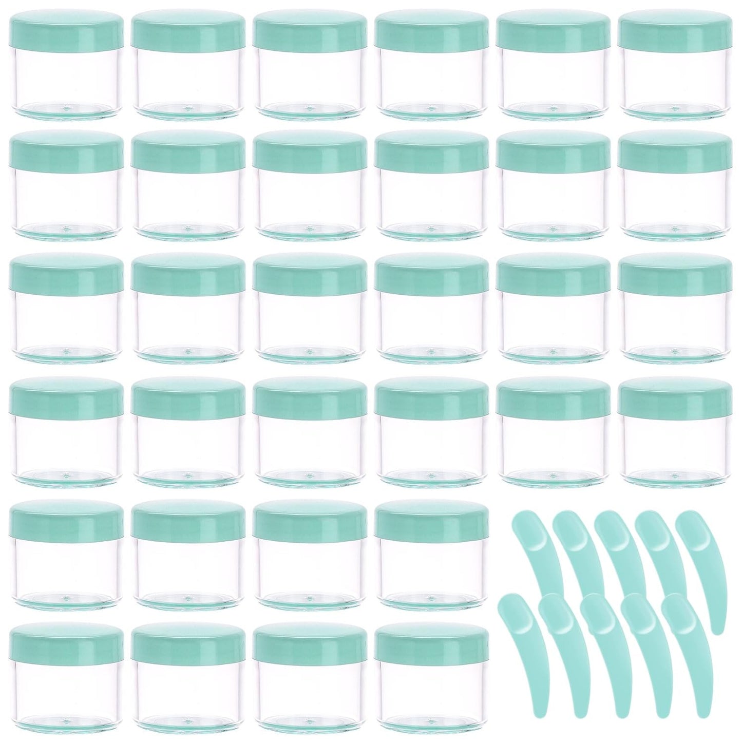 Refillable Cosmetic Sample Jars - 100 Pack 20g (0.7oz) Green Small Travel Containers with Lids + 10 Mini Makeup Spatulas - BPA Free