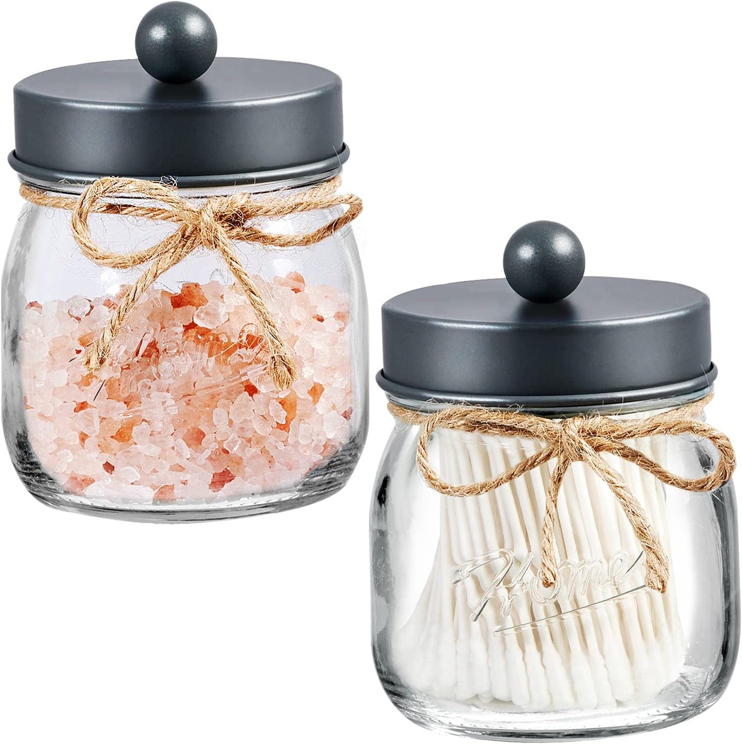 SheeChung 2 Pack Qtip Holder, Bathroom Jars, Cotton Swab Holders, Cute Mason Jars Bathroom Shelf Decor for Cotton Balls, Floss Picks - Vintage Gray