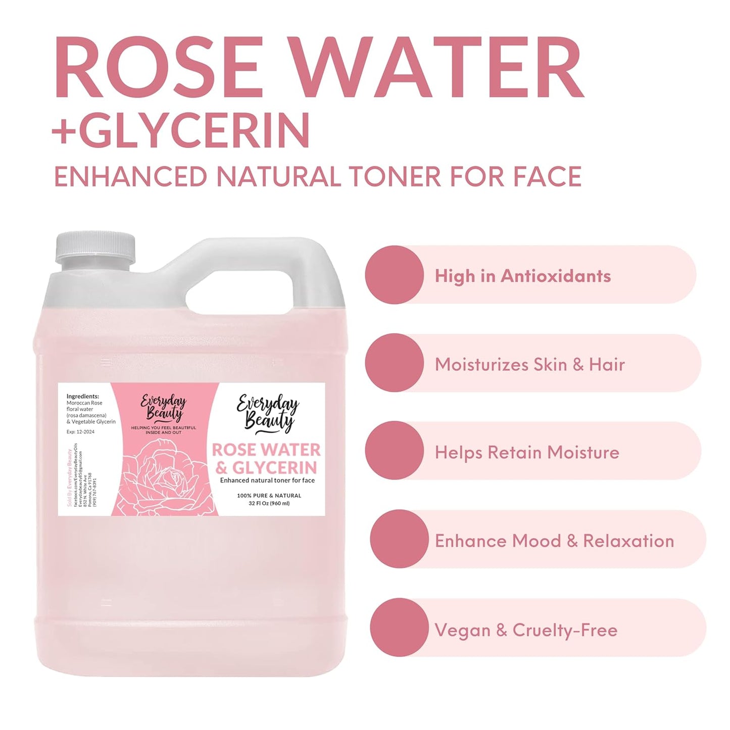 Rose Water & Glycerin Enhanced Facial Toner - 32oz Bulk Alcohol-Free Vegan All Natural Refreshing for Face and Hair - Uplifts, Calming & Soothing for All Skin Types…