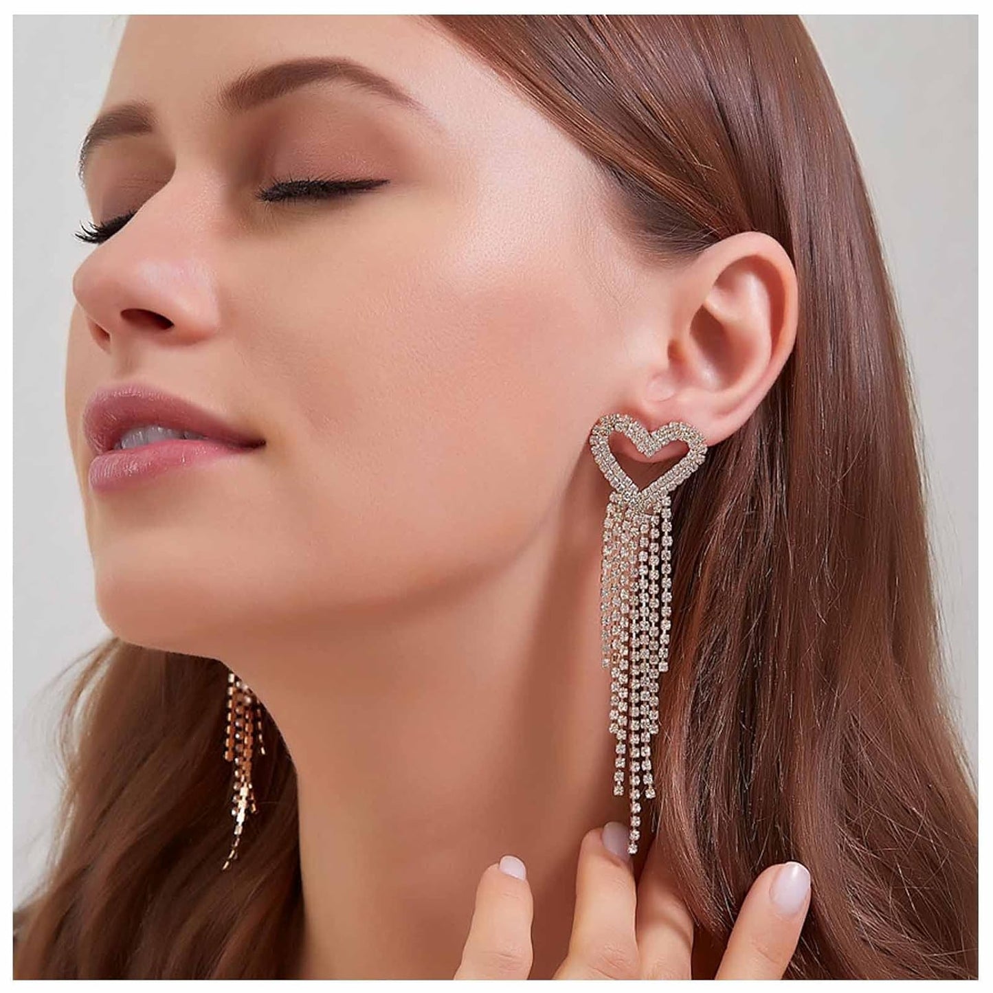 Boho Rhinestone Heart Tassel Earrings Long Tassel Chain Dangle Earrings Silver Crystal Cz Love Heart Studs Earrings Long Chandelier Dangle Earrings Wedding Cz Fringe Chain Earrings Jewelry for Women and Girls