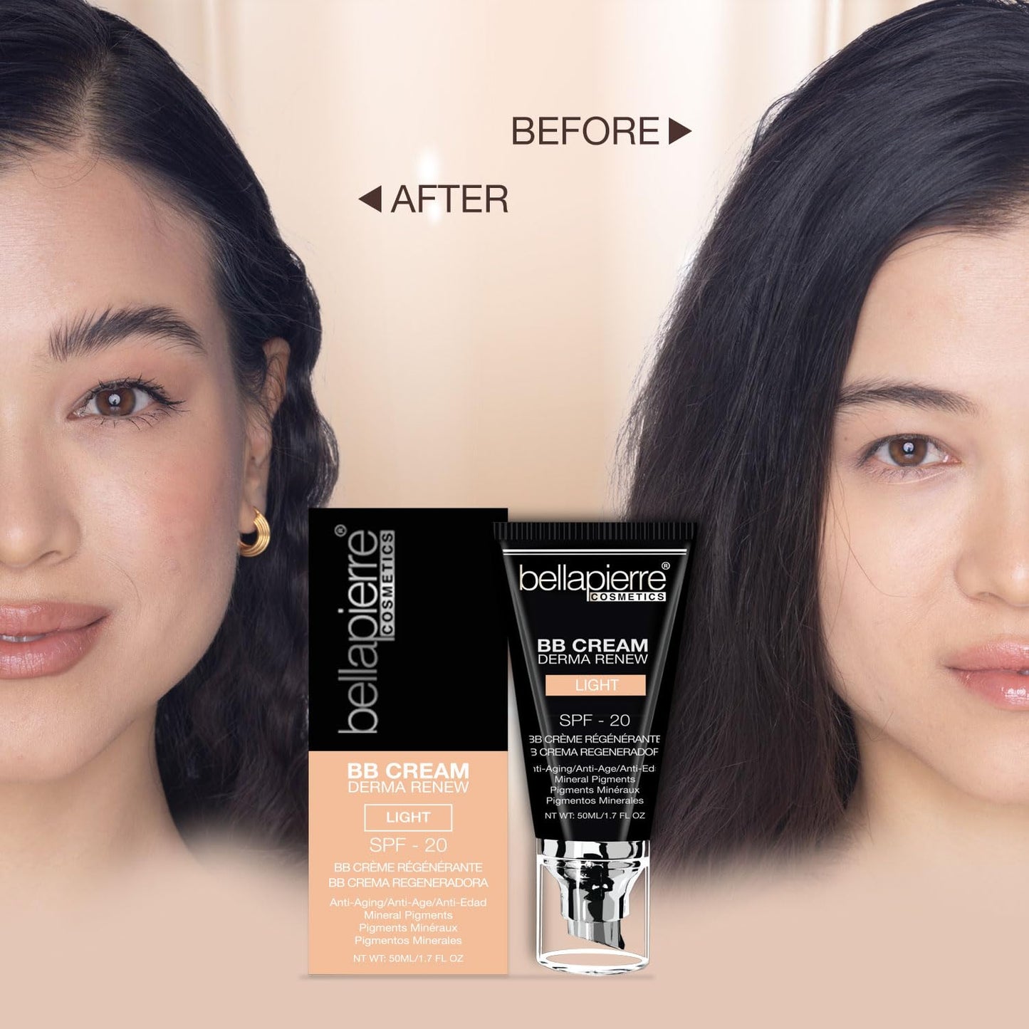 bellapierre BB Cream with SPF 20 - Tinted Sunscreen, Concealer, Matte Foundation, & Moisturizing Face Cream | Lightweight Formula + Pump Top Applicator | Non-Toxic & Paraben Free | 1.7 Oz - Light