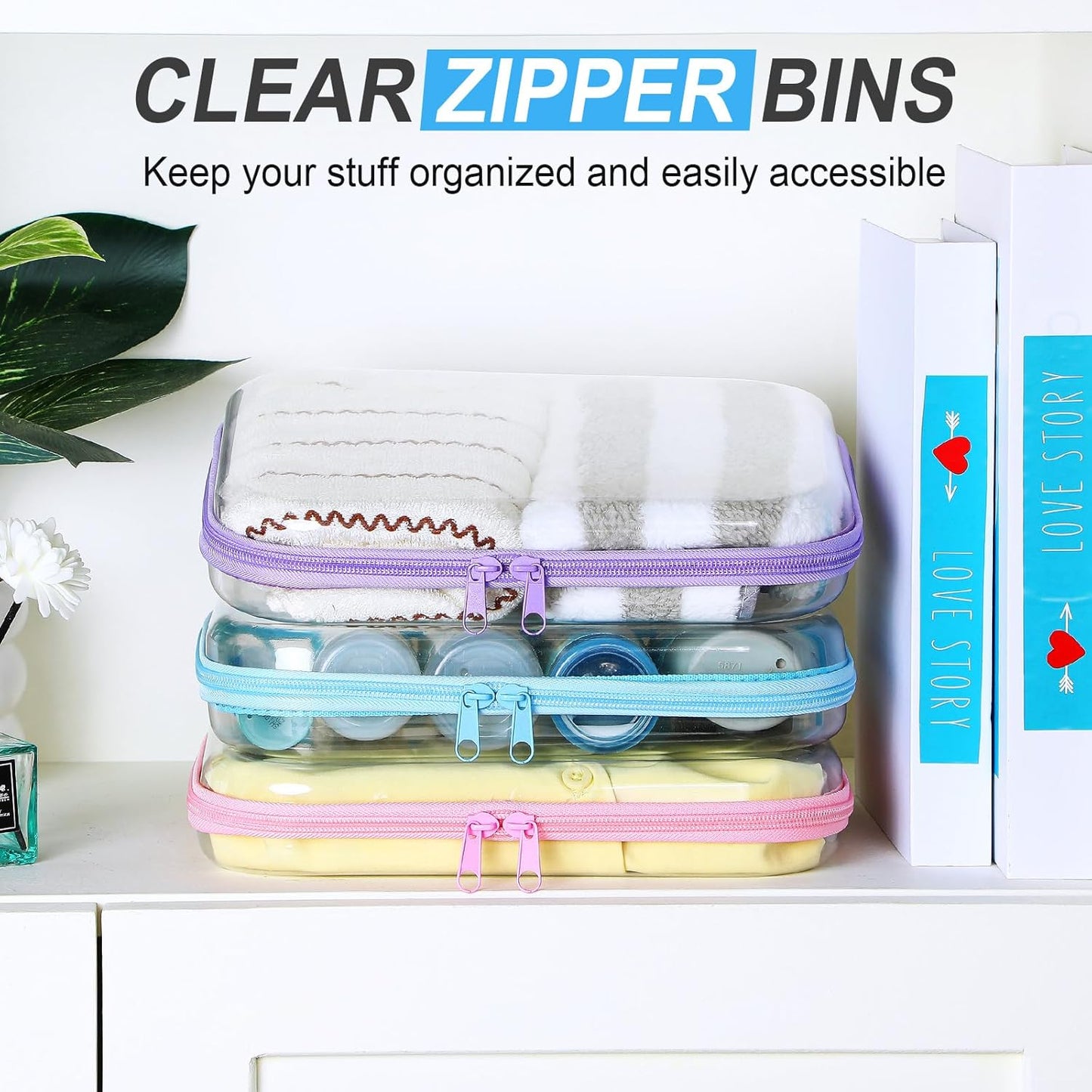 Hoolerry 3 Pcs Clear Hard Zipper Case Plastic Pouch Transparent Hard Case Clear Makeup Bag Portable Travel Organizer Bin for Cosmetics, Building Blocks, Puzzles (Multicolor,M)