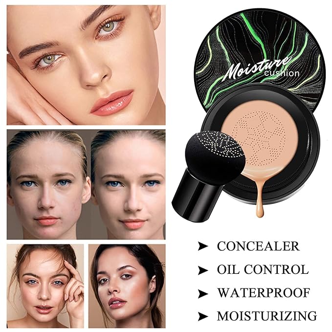 2 PCS Mushroom Head Air Cushion CC Cream Nature Foundation,Foundation Brush Powder Brush,Moisturizing Concealer, Bright Makeup Base Long Lasting with Mushroom Makeup Sponge(#03 Warm Nude)