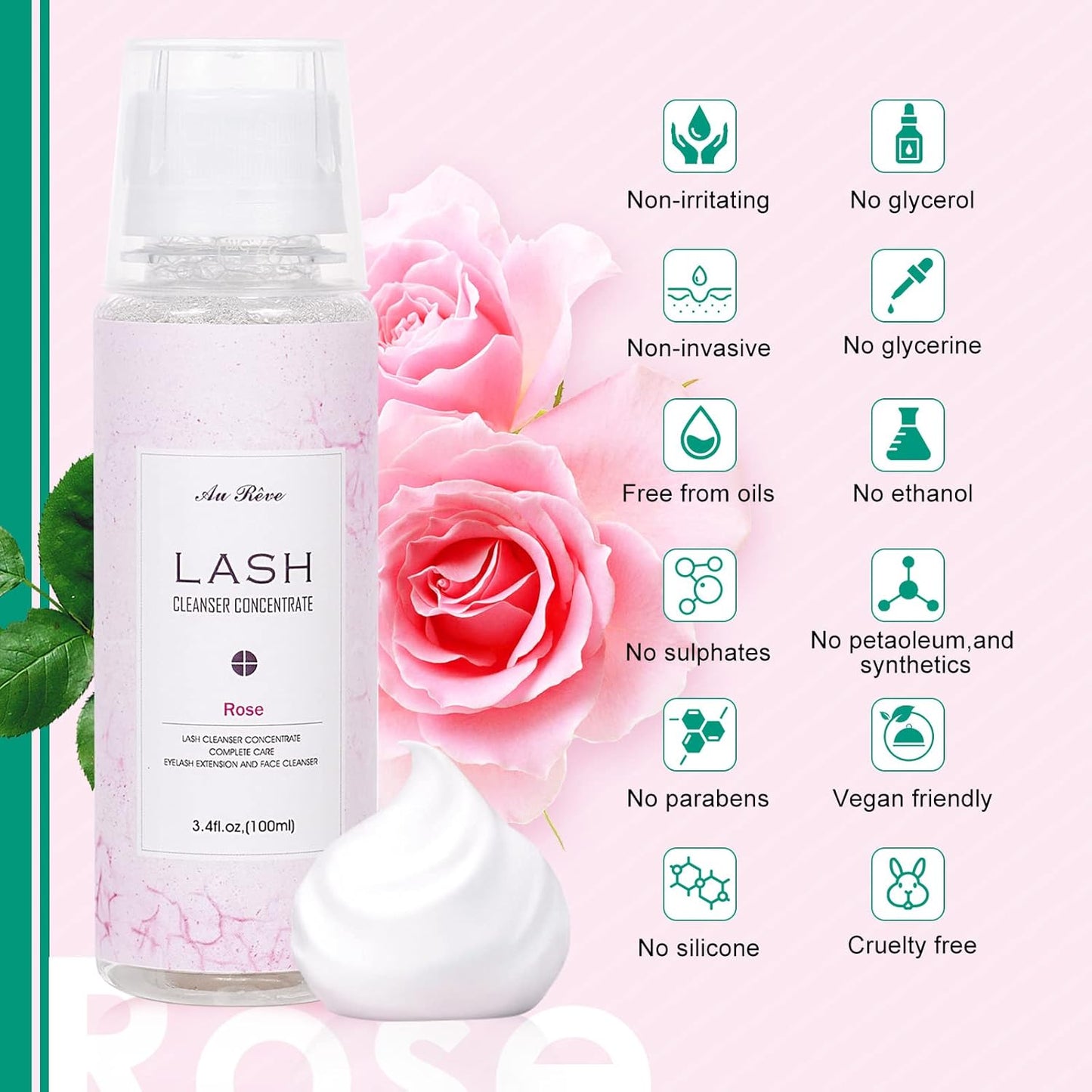 Eyelash Cleanser Concentrate 100ml Lash Extension Shampoo Oil-Free Eyelash Extension Shampoo with Salon Home Care -Makes 20 Bottles 60ml Lash Shampoo, Rose