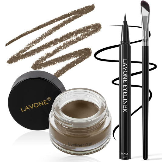 LAVONE Eyeliner Set - Waterproof Makeup Kit with Liquid eyeliner Pencil, Gel Eyeliner & Angled Eye liner Brush, Waterproof, Smudge Resistant, Long Lasting Formula - Ash Brown
